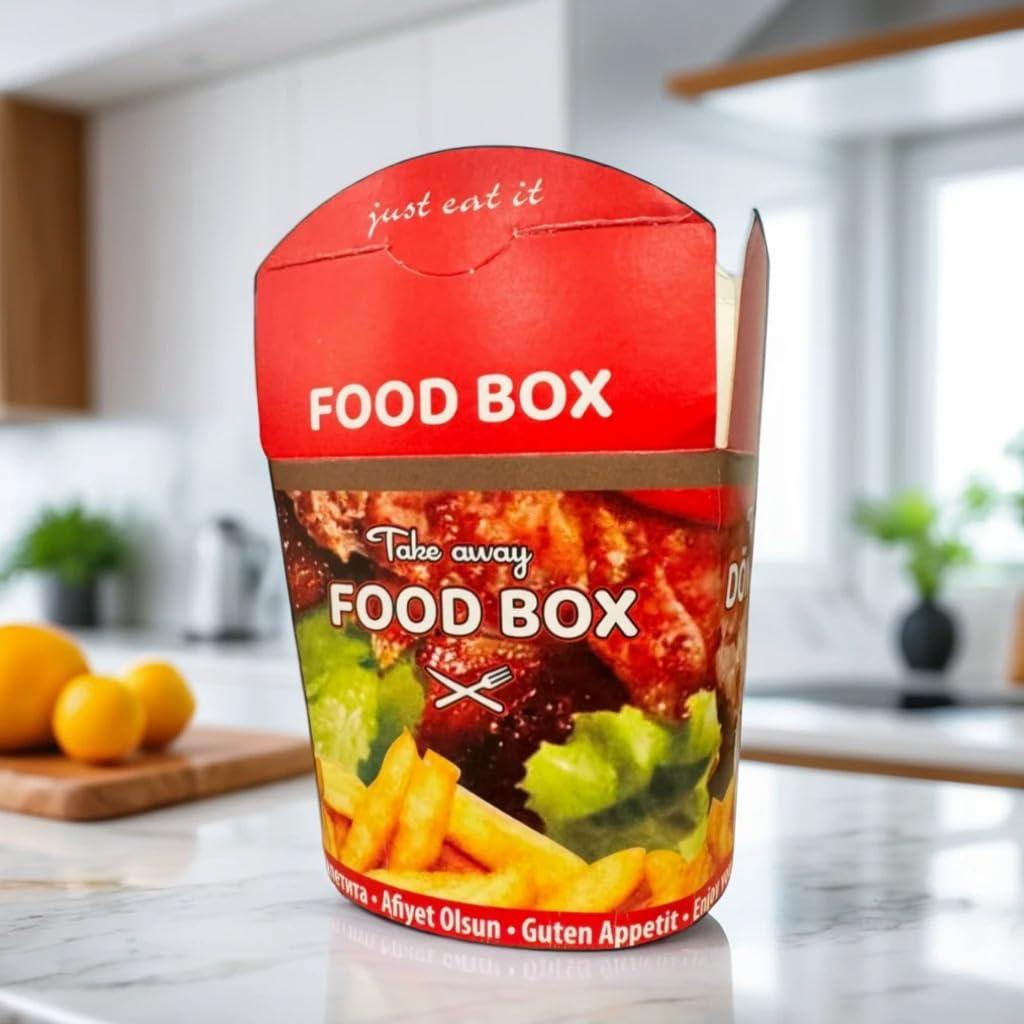Contenitori Takeaway per Kebab, Pasta & Altro, 750 ml (26 oz) – Varianti Classic Rosso & Natural Elegant, Antigrasso, Stabile, Scatola Pieghevole in Cartone (Classic, 500)