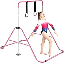 Gymnastics Bar With Rings for Kids, Horizontal Bars Training Kip Bar with Adjustable Height Levels 90–130cm, Gym Equipment with Non-Slip Base for Home Fitness, Swing