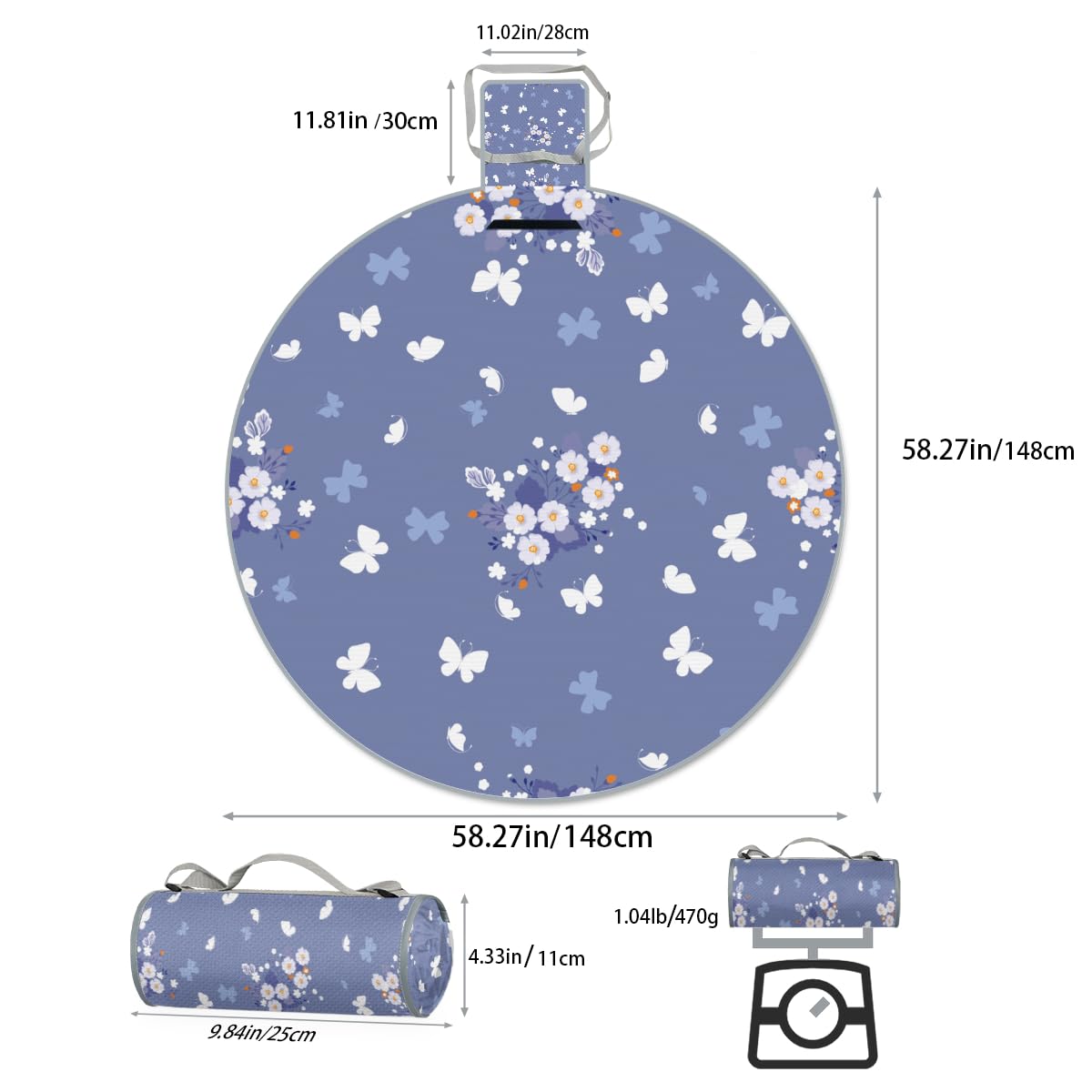 Shimoshe Butterfly Small Daisy Picnic Outdoor Blanket Foldable Waterproof Sandproof Beach Blanket Portable Water-Resistant Round Picnic Mat for Travel Camping Park Lawn