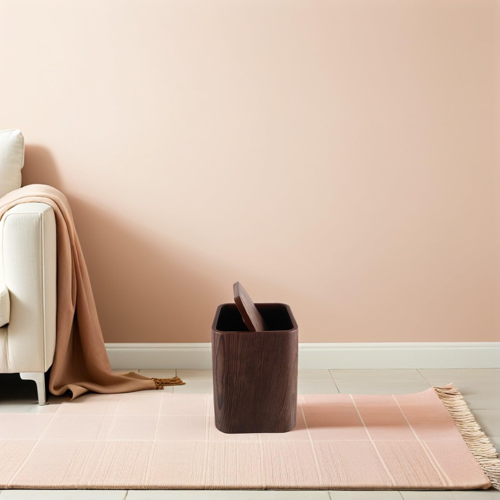 YARNOW Cubo de Basura Tapa Abatible 15 Litros, Imitación Madera en Nogal, Papelera para Uso Doméstico en Baño, Oficina y Sala, Resistente y Antiolor
