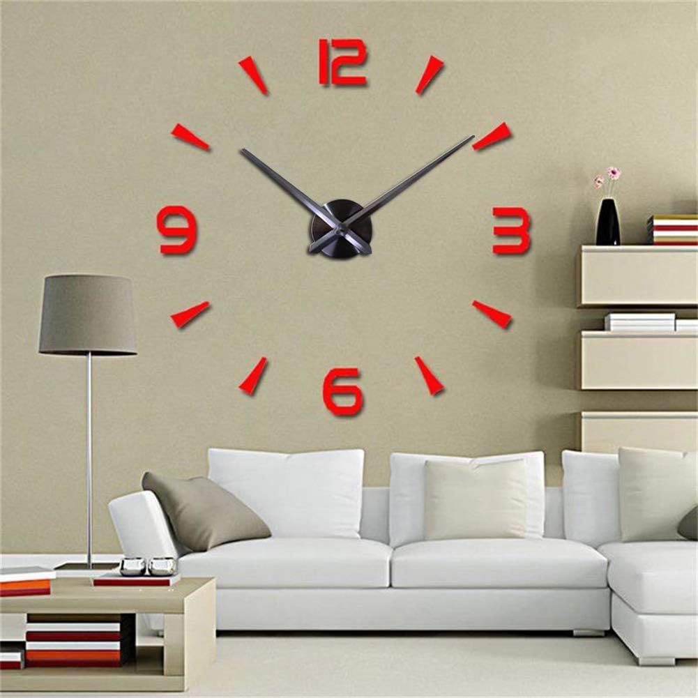 CreationStore LOZMOM Decorative 3D DIY Wall Clock, Frameless Wall Clock with Mirror Surface,Wall Stickers,Large Size Wall Decorative Clock for Living Room Bedroom Office Hotel (Red)