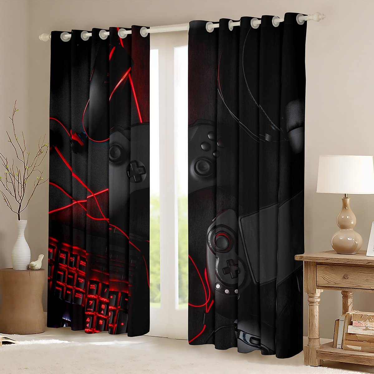 Loussiesd Giocare, tende opache per camera da letto, soggiorno, per ragazzi e ragazzi, cuffie, console da gioco, tastiera del mouse, tenda da finestra, colore nero, rosso, 175 x 140 cm, set da 2