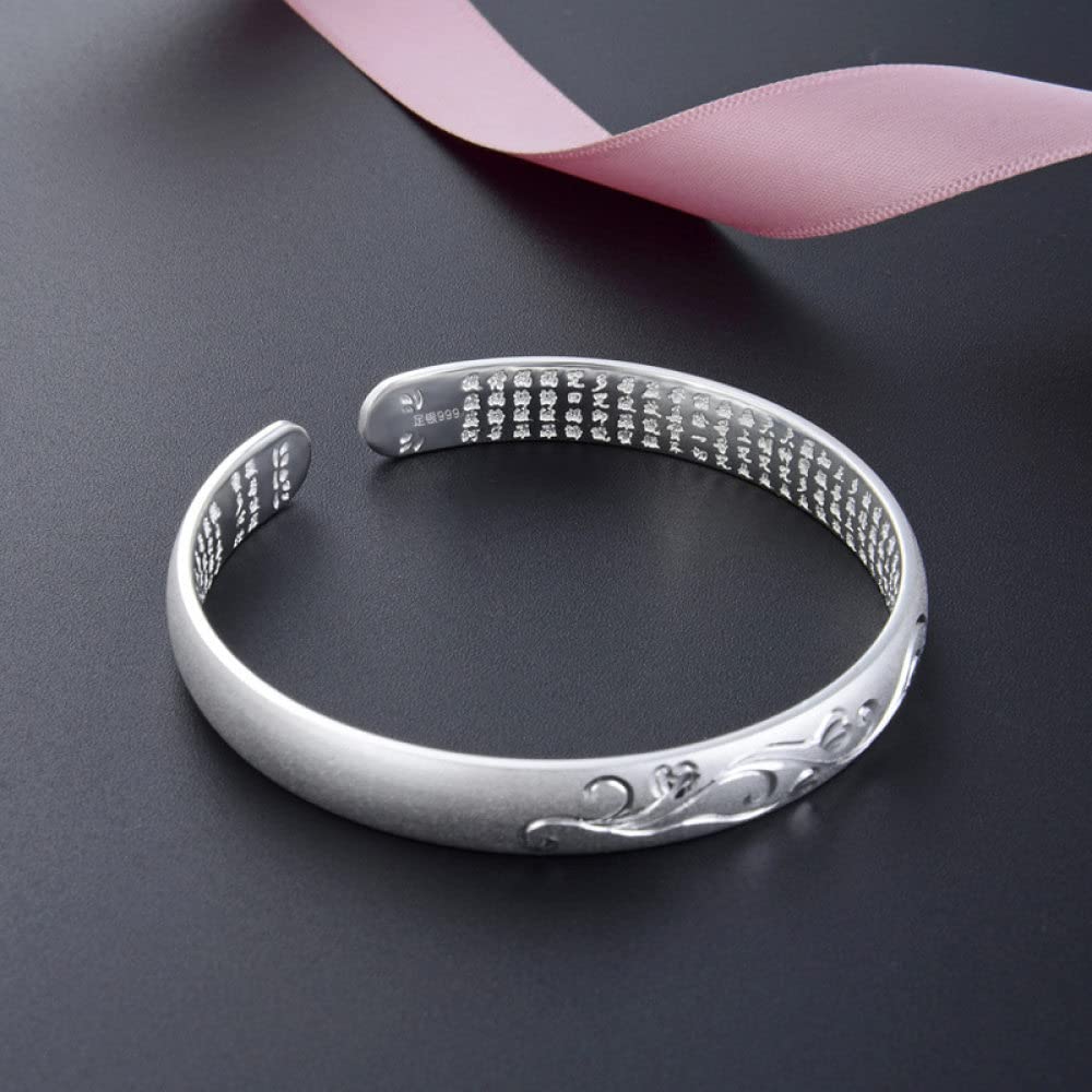 Armband Damen Silber,S999 Silberarmband Frosted Carved Heart Sutra Open Cuff Armreif Freundschaftsarmbänder Sterling Silber Schmuck Für Frauen Geschenk Freundin Frau