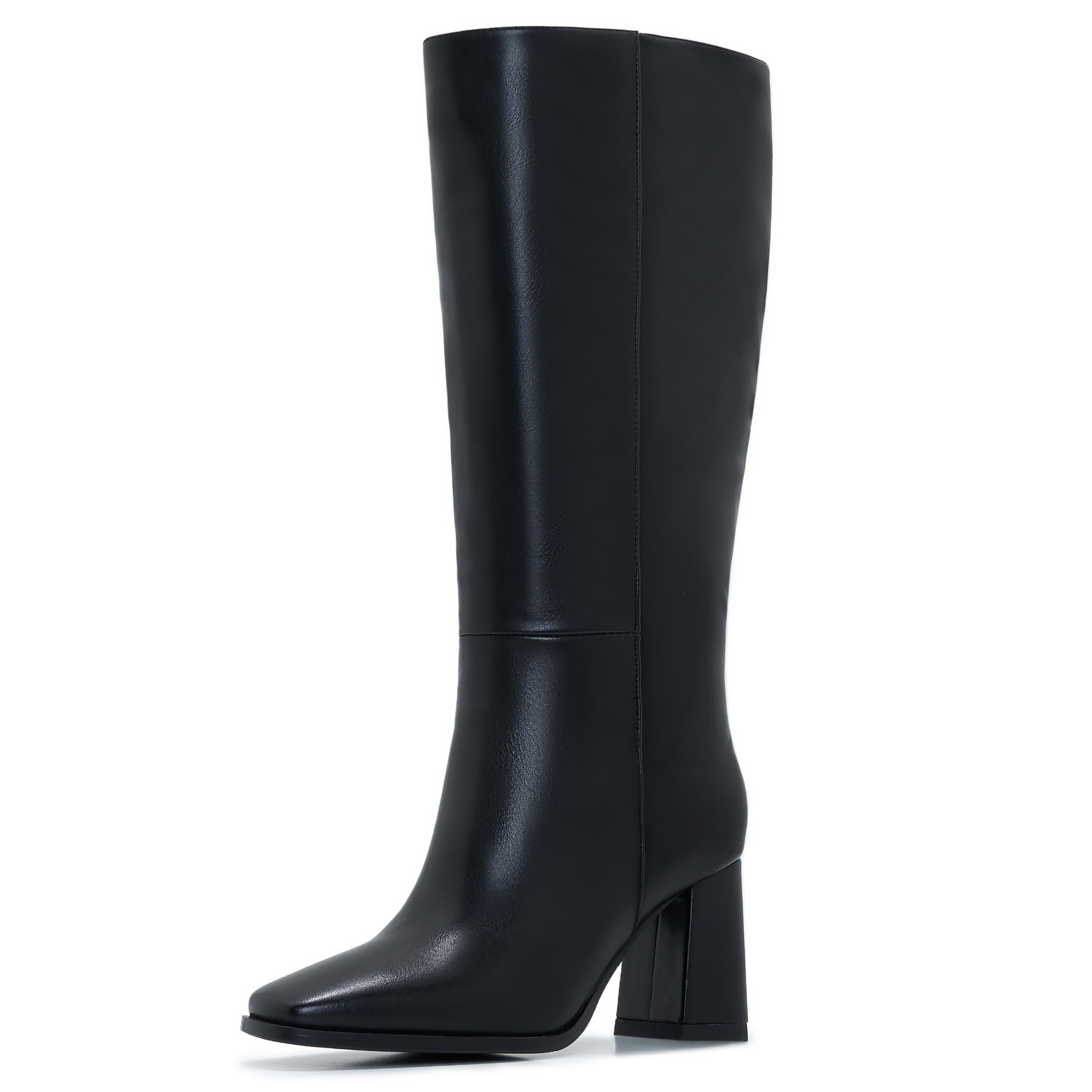 Knee-High Boots for Women - Wide Calf Boots with Zipper Square Toe Tall Leather Boots Chunky Heel Fashion