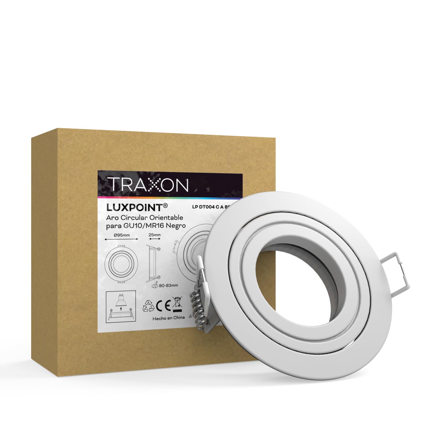 TRAXON LUXPOINT® Aro Circular Orientable Blanco DT004 para bombilla LED GU10 Marco de Bombilla Aluminio+PC Corte techo Ø80mm (Blanco Orientable, Pack 10 und)