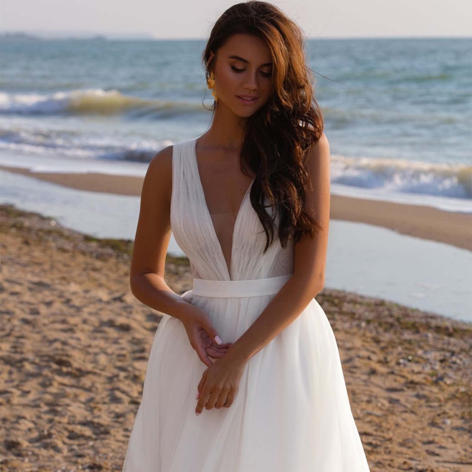 Vestido de Novia de Playa de Bodas, Sirena sin Mangas, Vestido de Doble Cuello en V