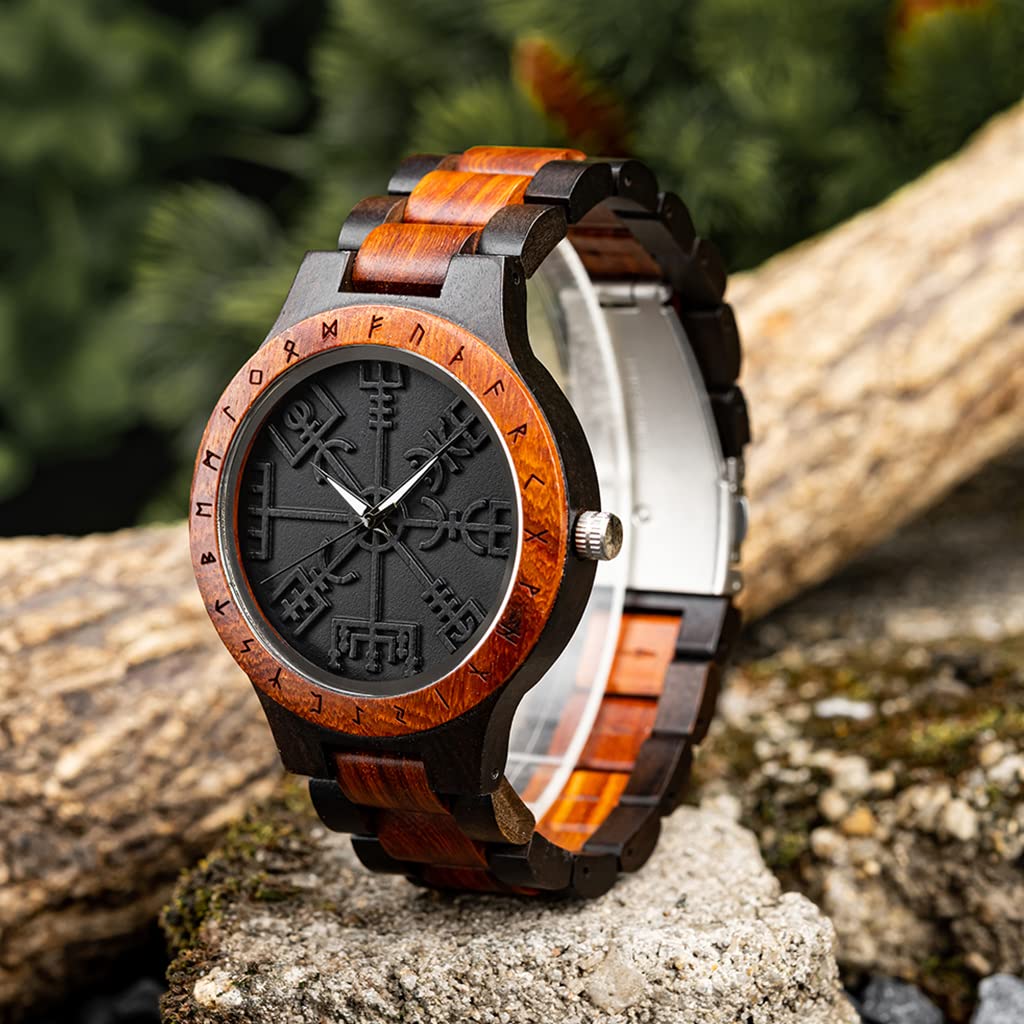 Relojes De Madera Vegvisir, Hombres Vikingos Joyería, Mito Nórdico Vintage Runas Círculo, Brújula Reloj de Madera, Hecho a Mano Grabado Caja de Madera de Regalo