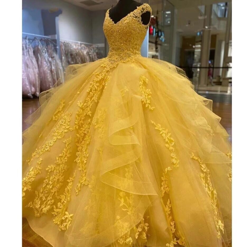V-Neck Applique Beaded Quinceanera Dresses Yellow Cap Sleeve Bow Prom Dress Long Ball Gown 20253