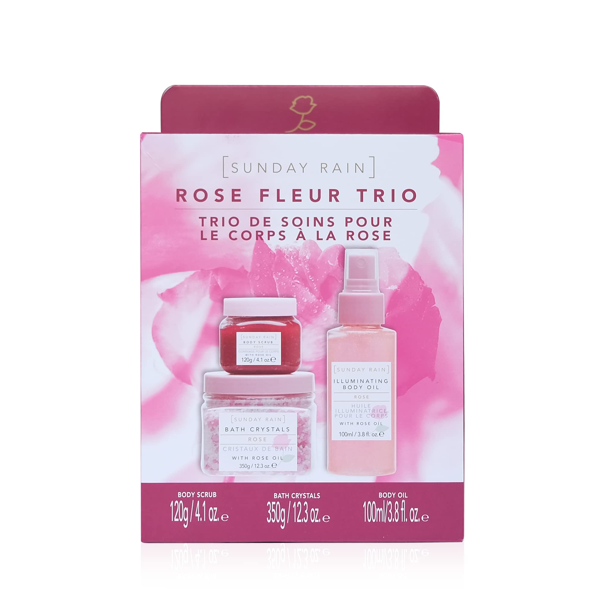 Sunday RainRose Fleur Trio, Cruelty Free & Vegan Pamper Gift Set with Body Scrub, Shimmer Body Oil and Bath Salts, 3 Piece