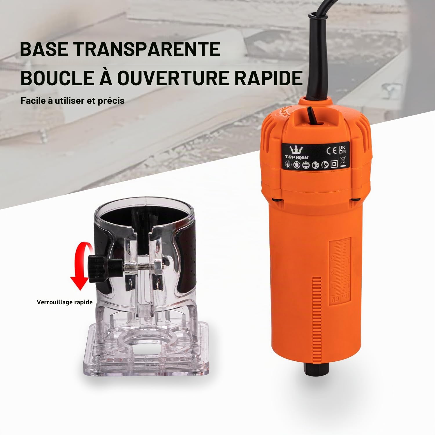TOPWAY Défonceuse Électrique à Main 500W, Compacte avec 2 Mandrins de 1/4" et 6mm, Base pour Défonçage pour Bricolage en Menuiserie (Budget) 100636
