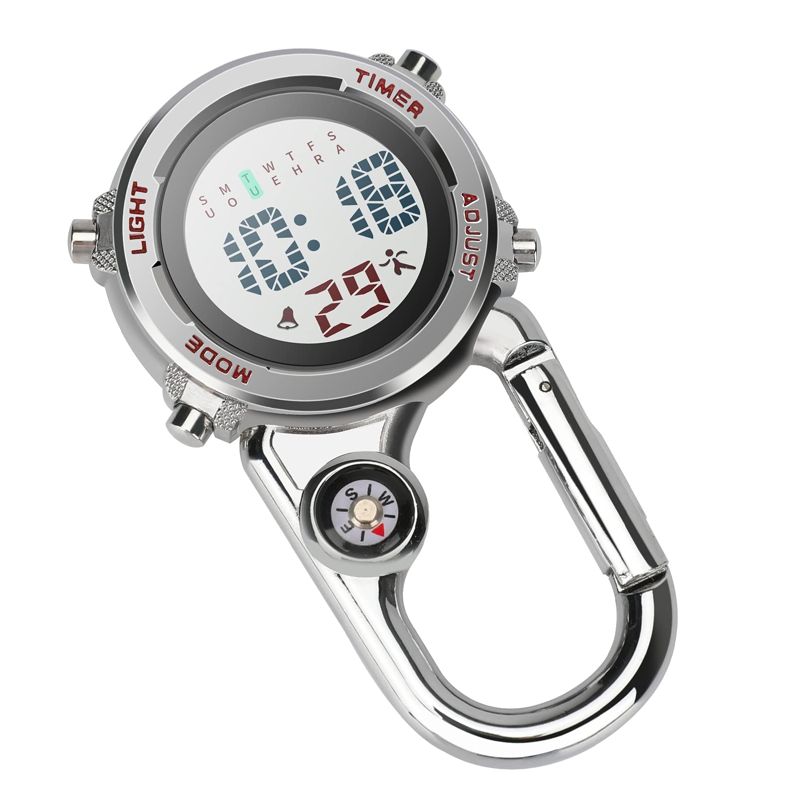 Carabiner Watch, Digital Clip-On Quartz Watch, Multifunctional Carabiner, FOB Watch, Luminous Face, Compass, Carabiner Watch with Compass, for Doctors, Nurses, Paramedics, Chefs, Sports