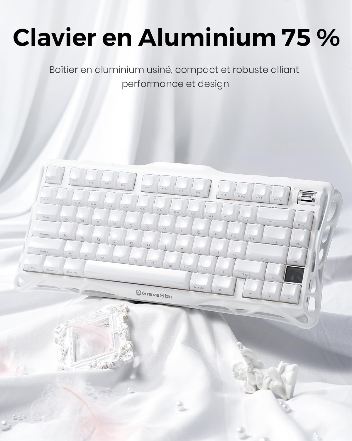 GravaStar Mercury K1 Clavier Gamer sans Fil en Aluminium, 75% Clavier Mecanique de Jeu Hot Swap, Tri Mode 2.4Ghz/Bluetooth/Filaire,Switchs Pré-lubrifiés, Gravur Latéral, RGB+Macro,Windows/Mac-Blanc