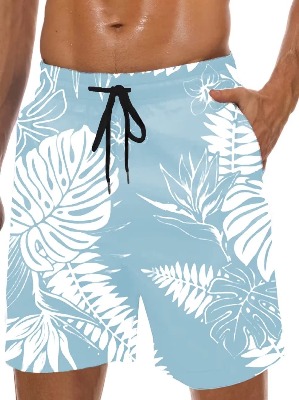 Lzzidou Men's Swim Trunks 9 Inch Inseam Bathing Suit Hawaiian Swimsuits Mesh Lining Beach Shorts with Pockets, Blue-white Leaves, XXL