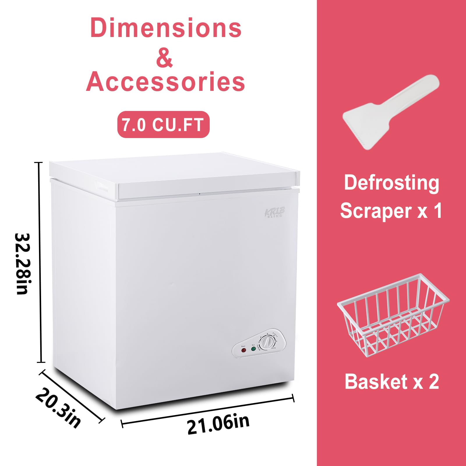 Krib Bling Chest Freezer With Freezer Basket, 7.0 Cu. Ft Mini Freezer 7 Temperature Levels Thermostat, Top Door Open, Ideal For Home, Kitchen & Office, White on Fridge.com - View 2