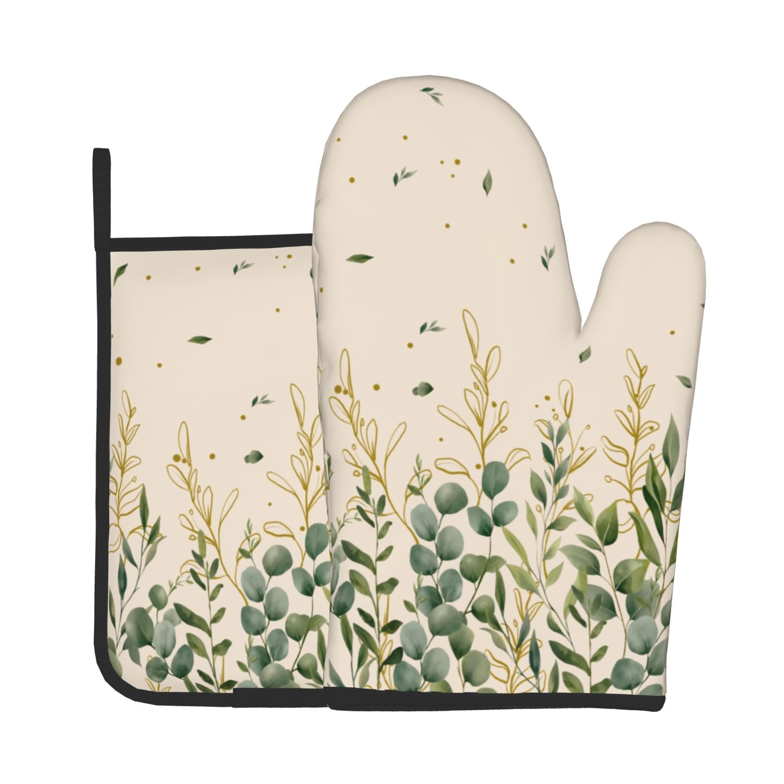 Ofenhandschuhe und Topflappen, Salbeigrün, Eukalyptus, wasserfarben, grün-gelbe Blätter, Zweige, waschbar, hitzebeständig, Küchenhandschuh, Topflappen, Bauernhaus-Dekoration, heiße Pads für Zuhause