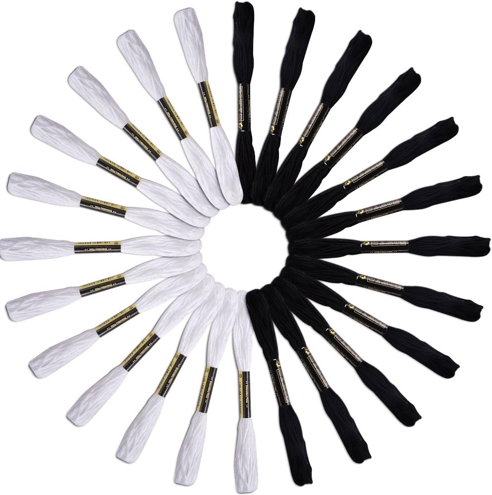 CRSF005 12 Black & 12 White Skeins Stranded Cross Stitch Floss 100% Cotton Embroidery Thread