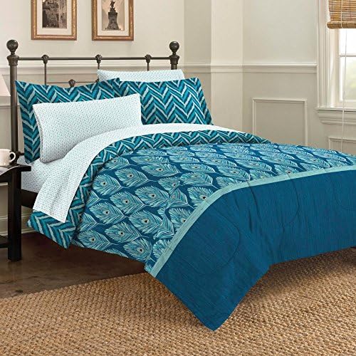 Discoveries Contemporary Elegant Peacock Comforter Set, King, Blue