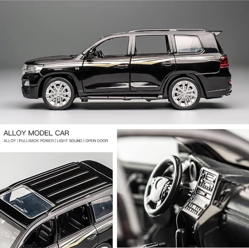Image of PINQUE Kids New Car 1:32 Land Cruiser Diecast Alloy Metal Pull Back Car with Openable Doors Music Sound and Light Vehicle Toy Car for Boys (Black)