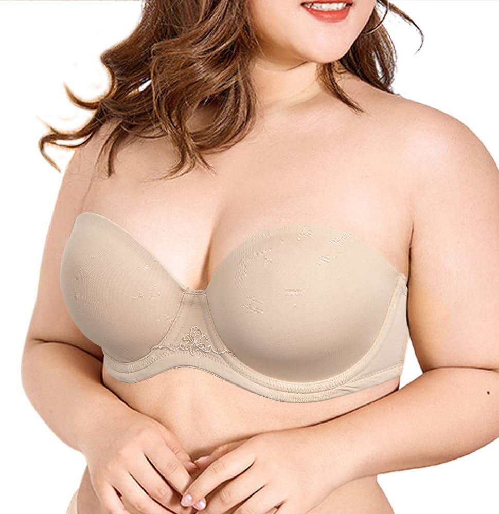 Vogue's Secret Women's Strapless Full Figure Plus Size Bra Underwire Multiway Bras with Clear Straps Beige, 44D