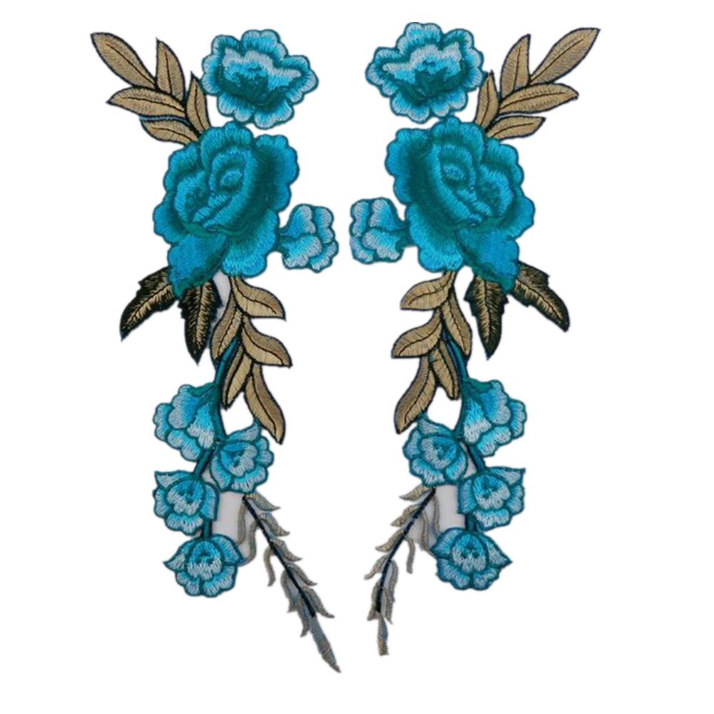 (Pack of 2) Peony Flowers on Vine Embroidered Appliques Sew or Iron on Patches for Clothes,Dress,Hat,Backpack,Bag DIY Costume Decoration(Sky Blue)