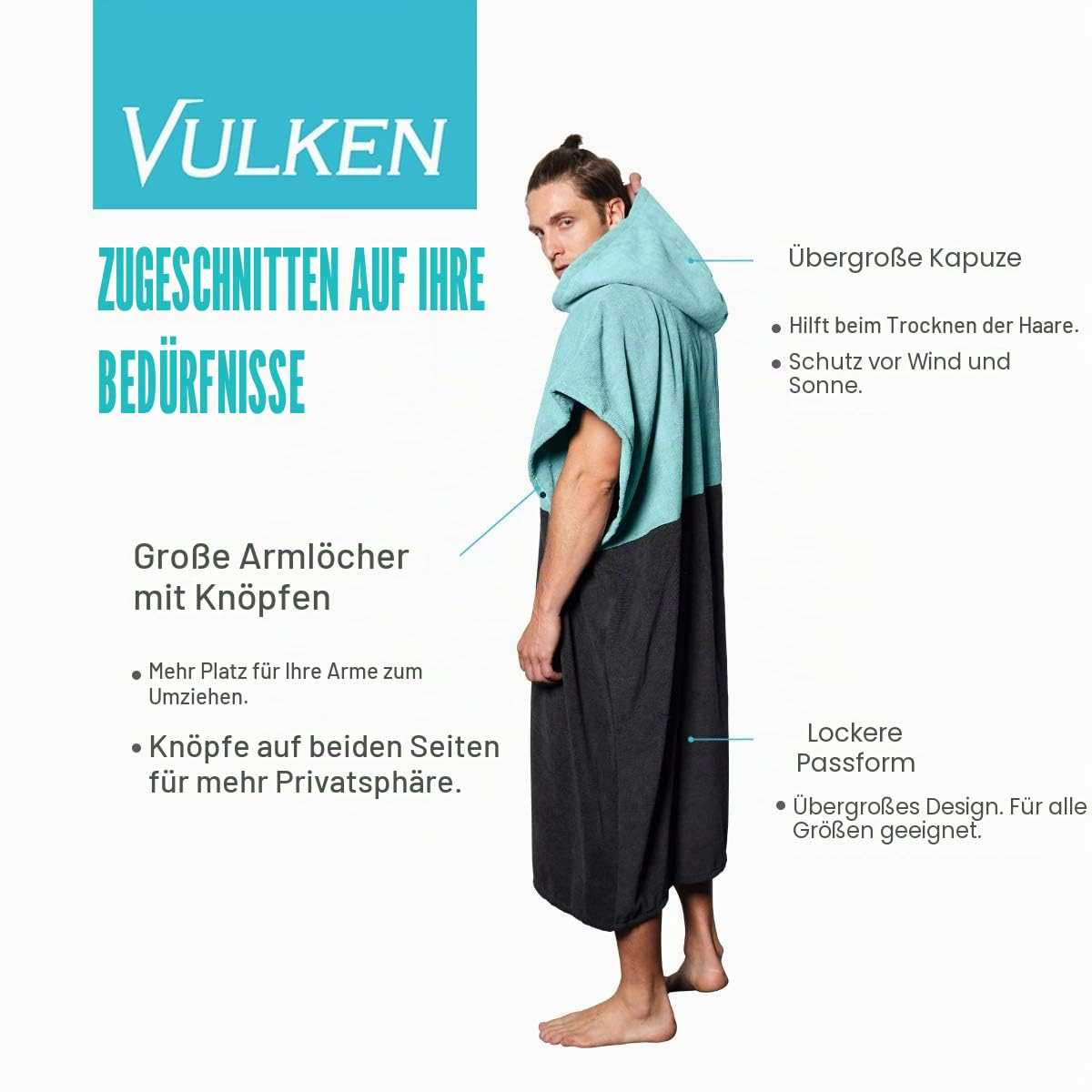 Vulken Strandtuch mit Kapuze, extra groß, Blaugrün, dick, Strandtuch, Wickelmantel, Surf-Poncho, Herren, für einfaches Umziehen in der Öffentlichkeit, schnelltrocknend, Wasserpark, L/XL