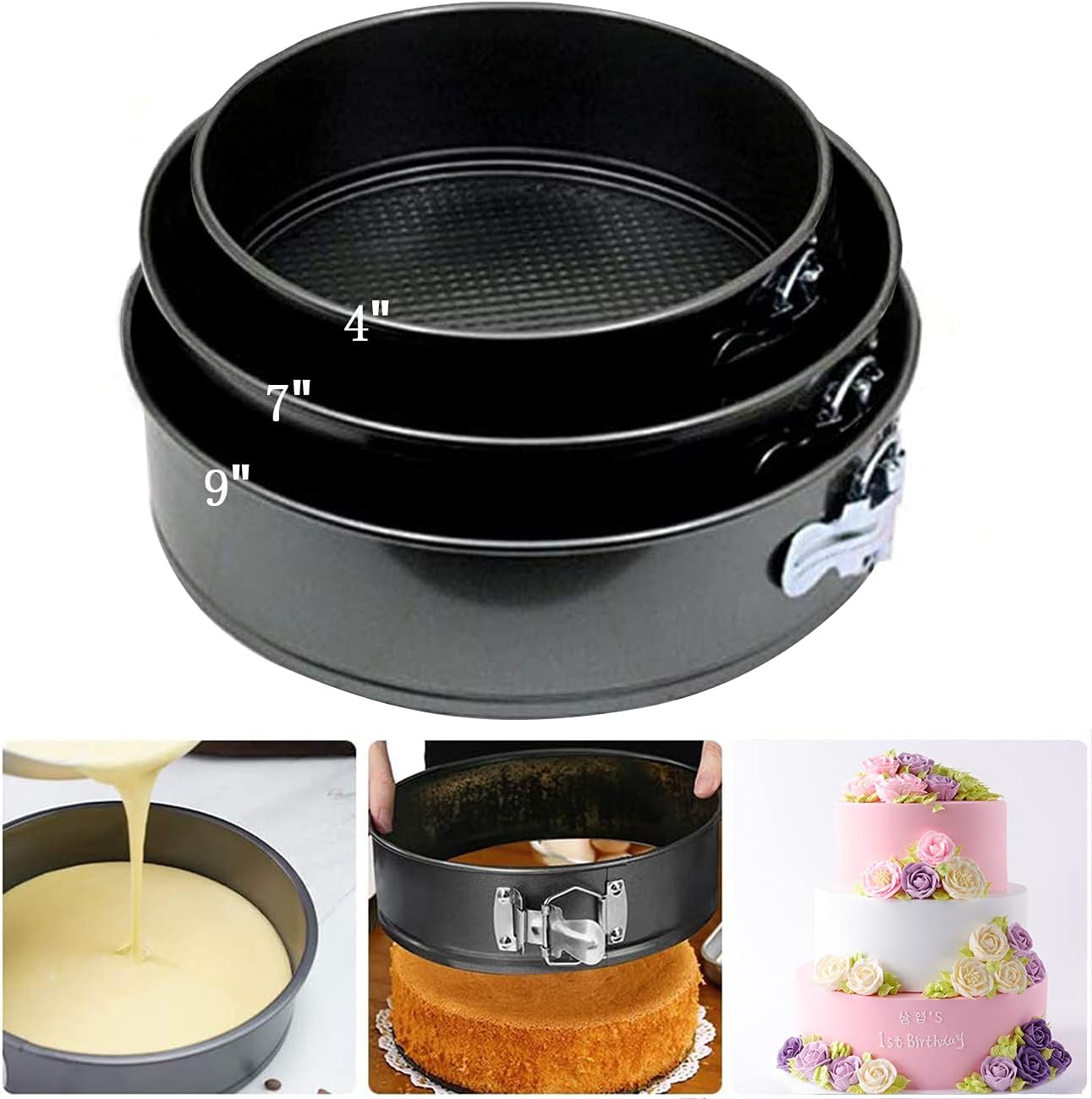 Springform Cake Pan Set series includes 3 pieces of 4" 7" 9