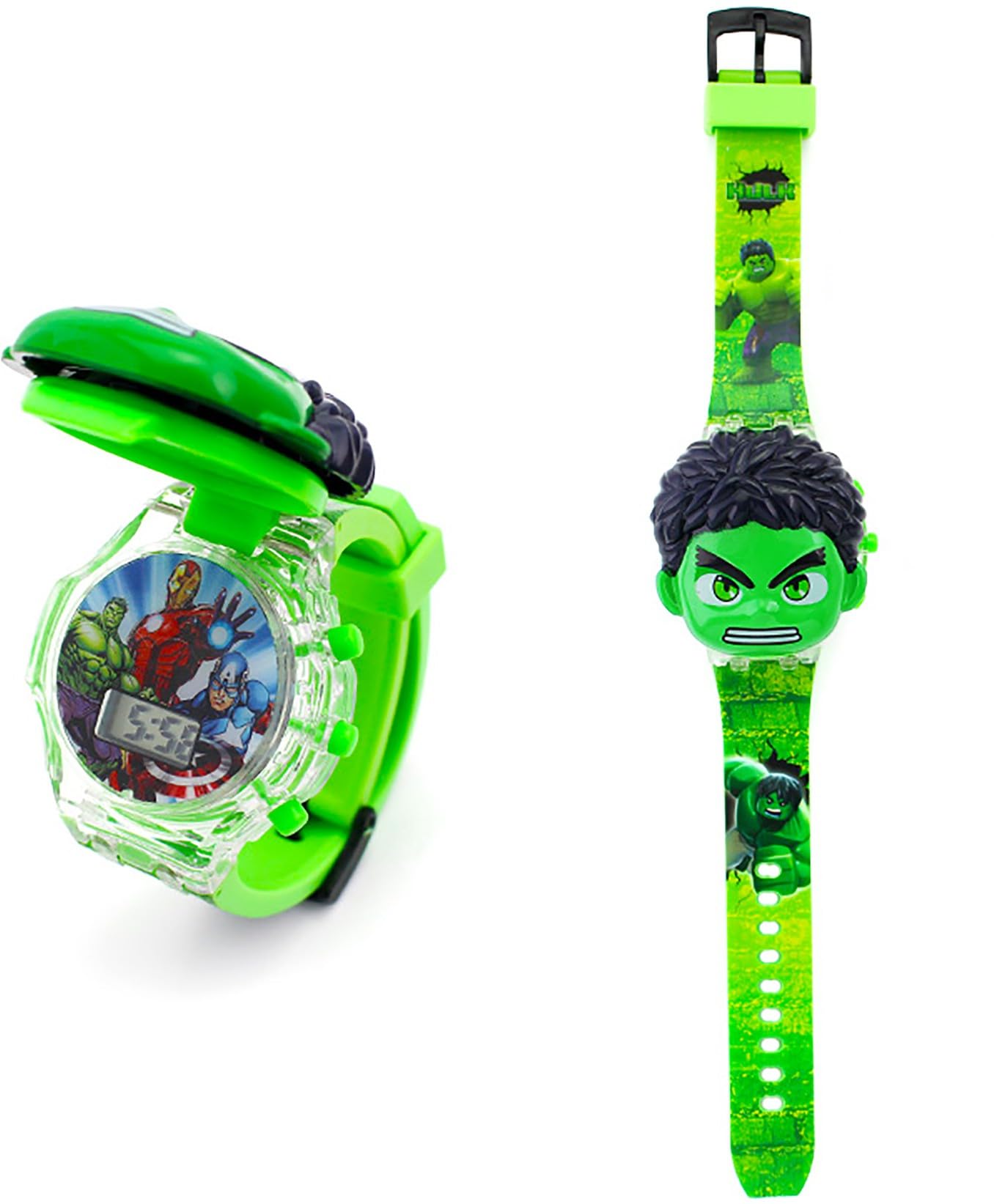 Time Up Digital Dial Superhero Cartoon Cap Printed Strap with Music Disco Light Watch for Kids (Age:3-10 Years)-LMW-BX