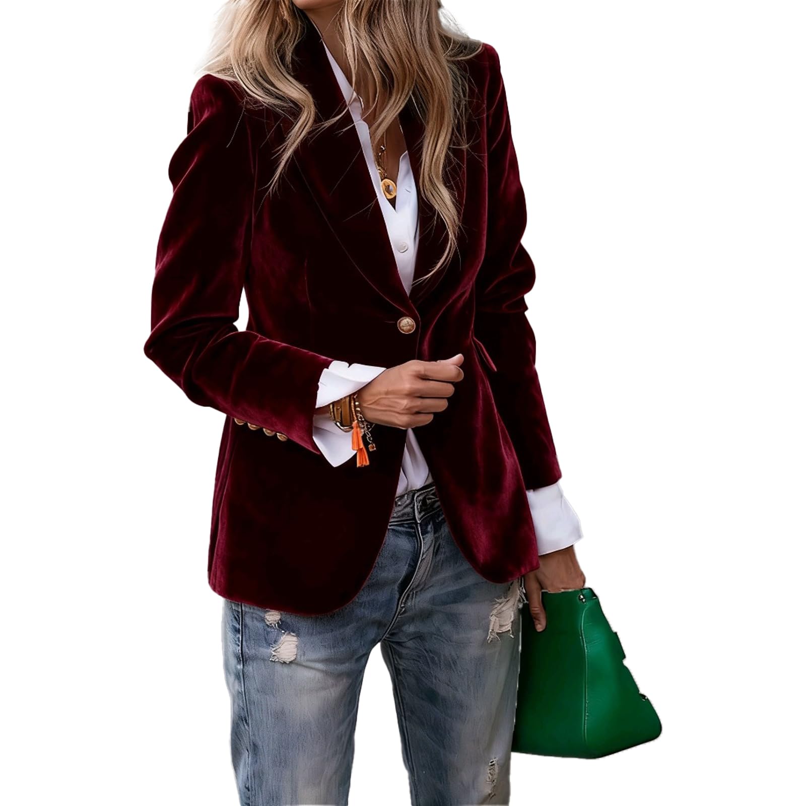 Womens Velvet Blazer Business Casual Suit Jacket Button-Up Lapel Long Sleeve Velvet Coat for Work Fall Winter Outfits