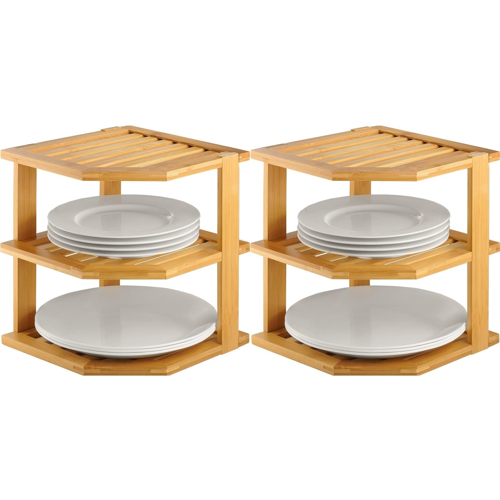 Hndhbfgrt 2 Set Bamboo Kitchen Organizer - Corner Rack for Plates, Dishes, Bowls - Enhances Cabinet & Counter Space