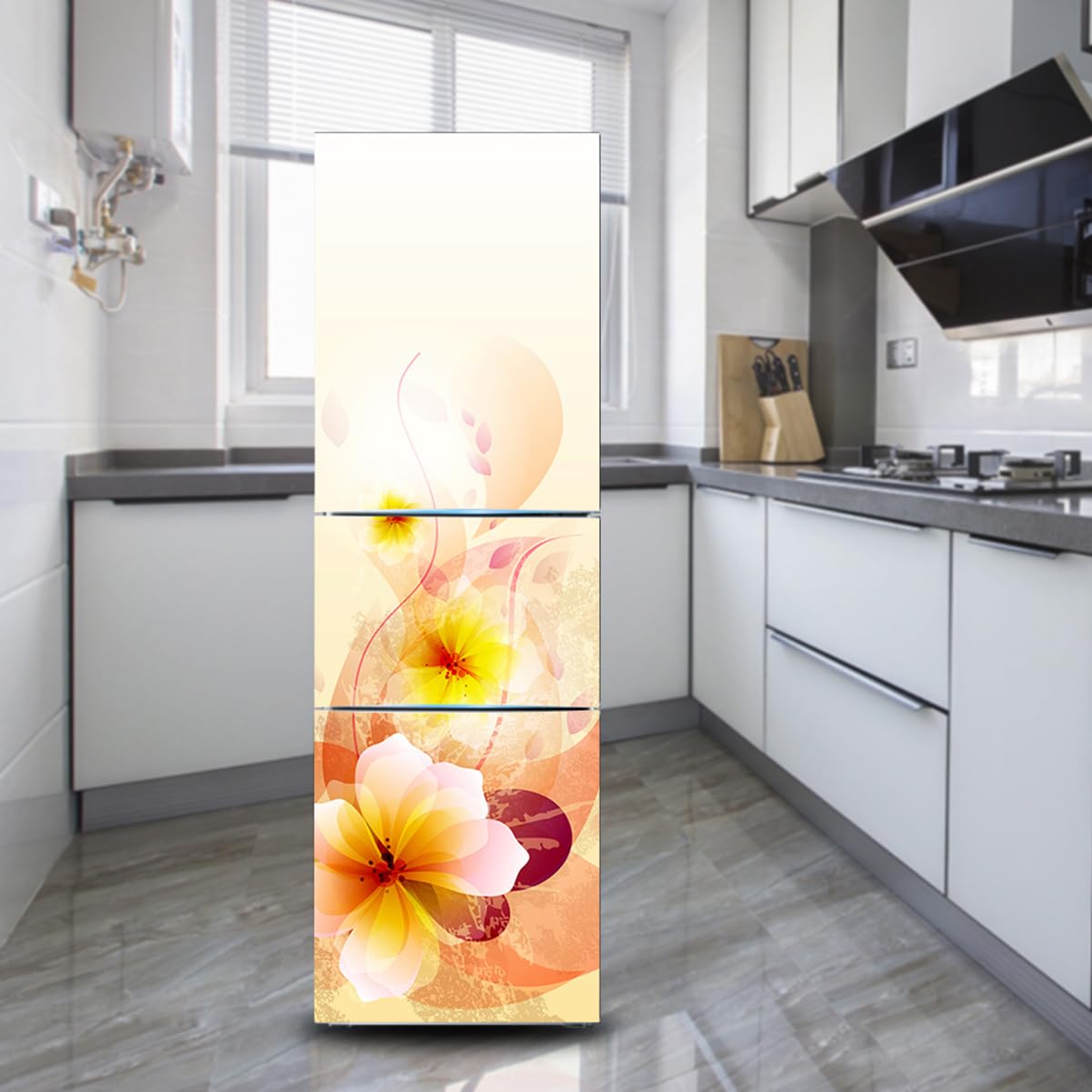 Fridge Sticker, Fridge Sticker Full Covering Door Covers Decor, Freezer Skins Wall Stickers for Kitchen Decal, Yellow Pink Flower(M: 60x180 cm)