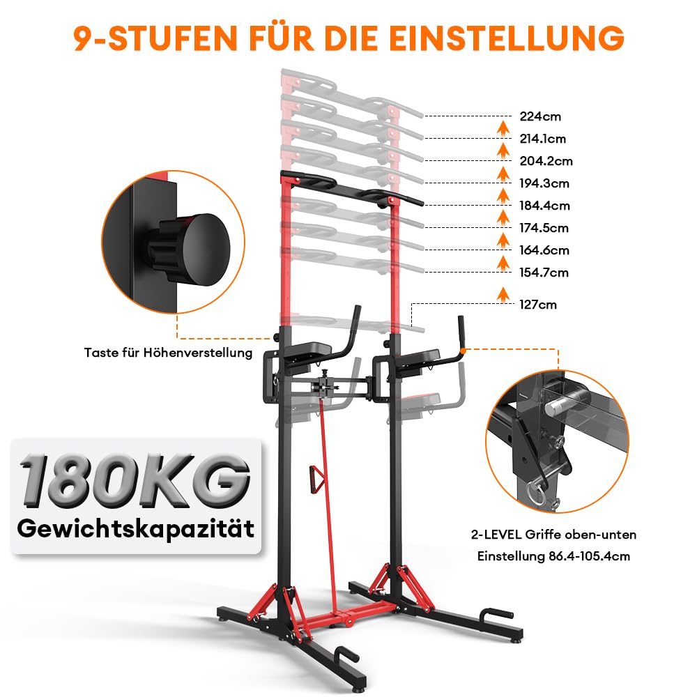 ONETWOFIT Faltbar Power Tower Dip Station & Kraftturm, höhenverstellbar multifunktionale Kraftstation Klimmzugstange Freistehend Krafttraining Hilfsmittel