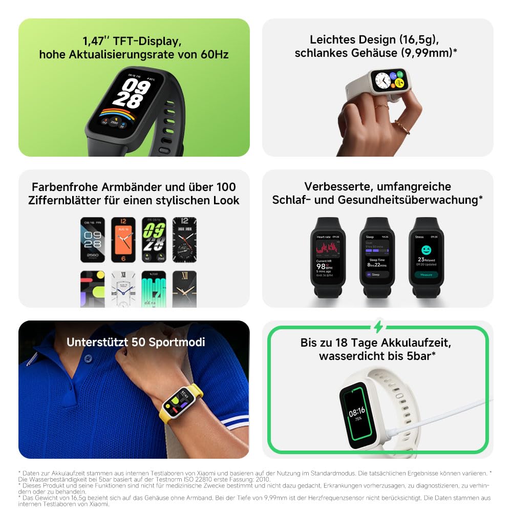 XIAOMI Smart Band 9 Active Schwarz – 1.47" TFT, 450 Nits, 18 Tage Akku, 50 Sportmodi, SPO₂-Sensor, 5ATM Wasserdicht