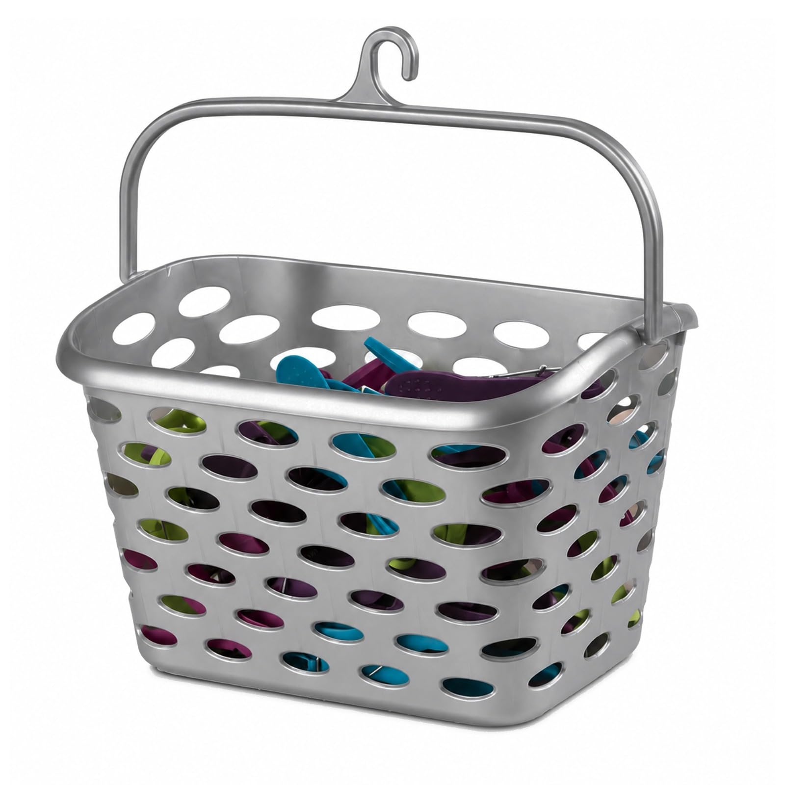 Plastific Silver D2 Peg Basket With Hanging Hook, Carry Handle For Washing Line Laundry