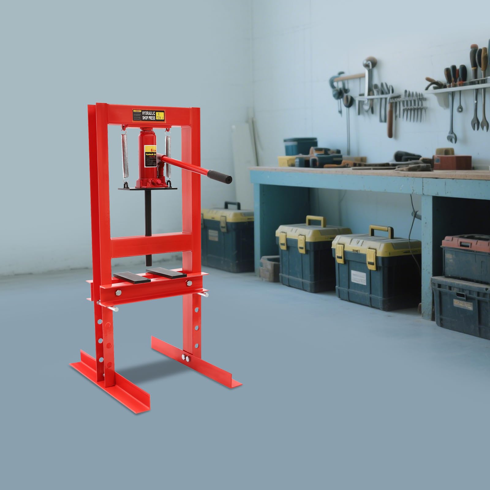 Pressa idraulica da officina 6T, pressa idraulica manuale con piastre in rosso, pressa per telaio professionale per officine automobilistiche e officine meccaniche