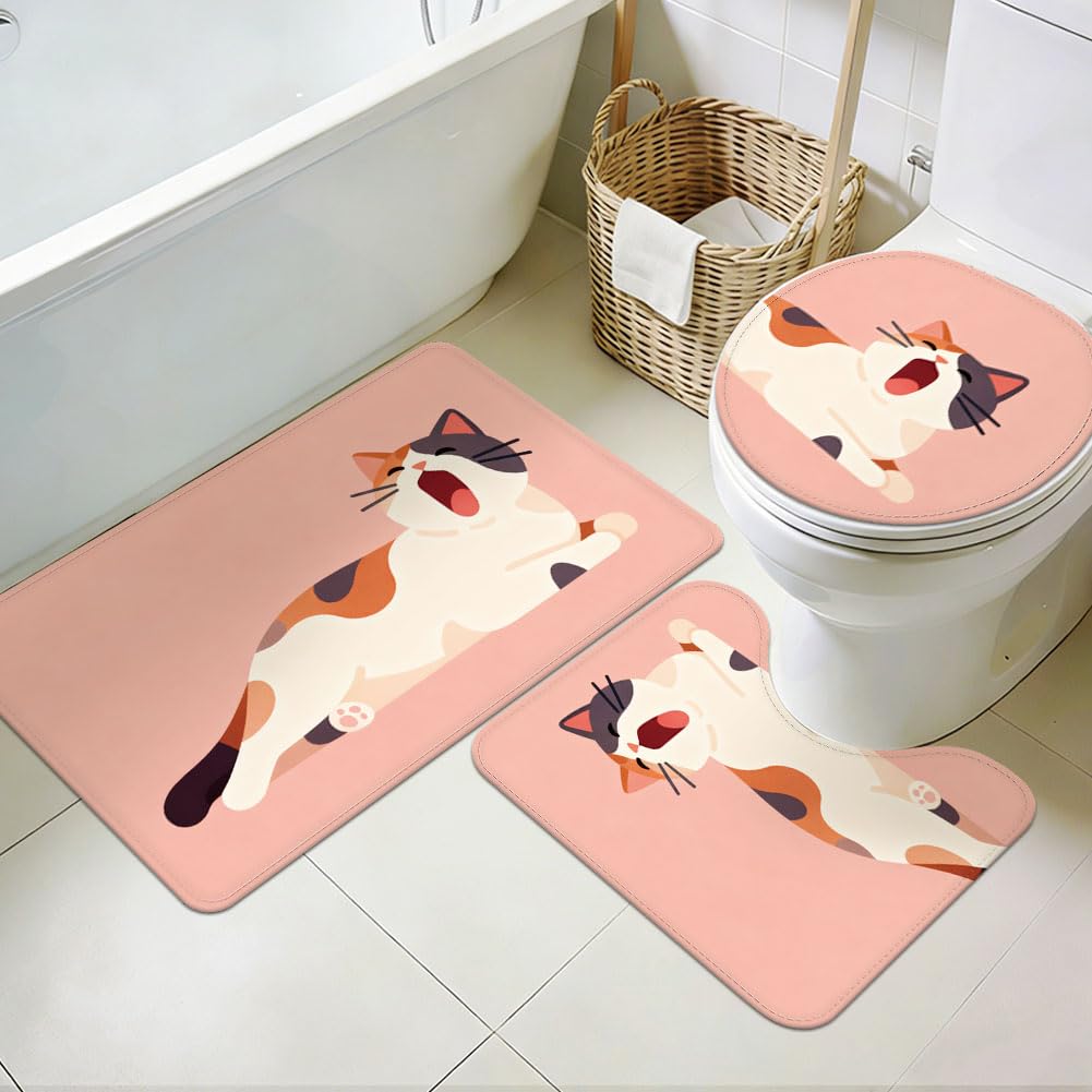 Tapis de salle de bain chat rose lot de 3 lavables et antidérapants pour maison