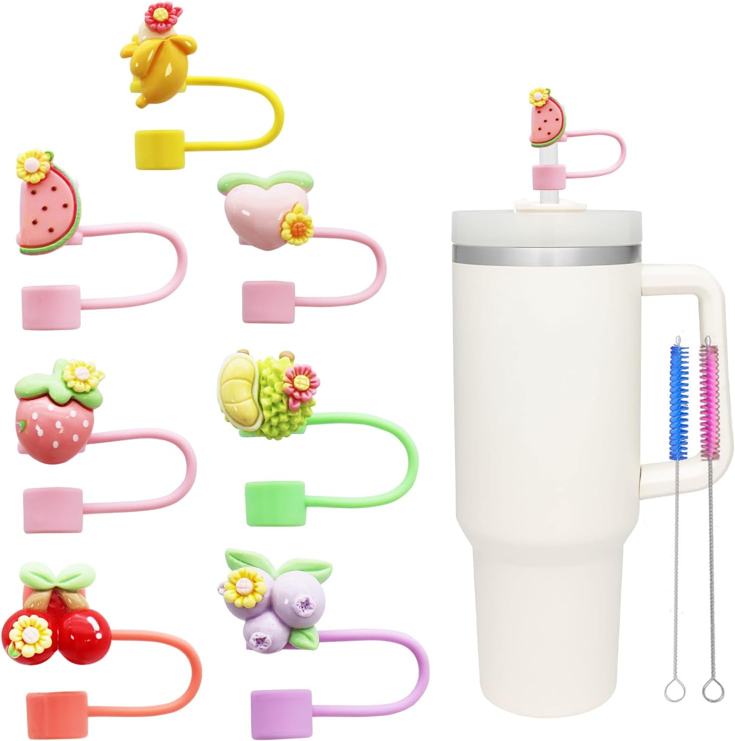 7Pcs 10mm Flower Fruit Straw Cover for Stanley Cup,Dust-Proof Straw Topper for 30&40 oz Tumblers and Water Bottles,Reusable Tumbler Cup Accessories for Stanley,Funny Gifts for Women & Girls