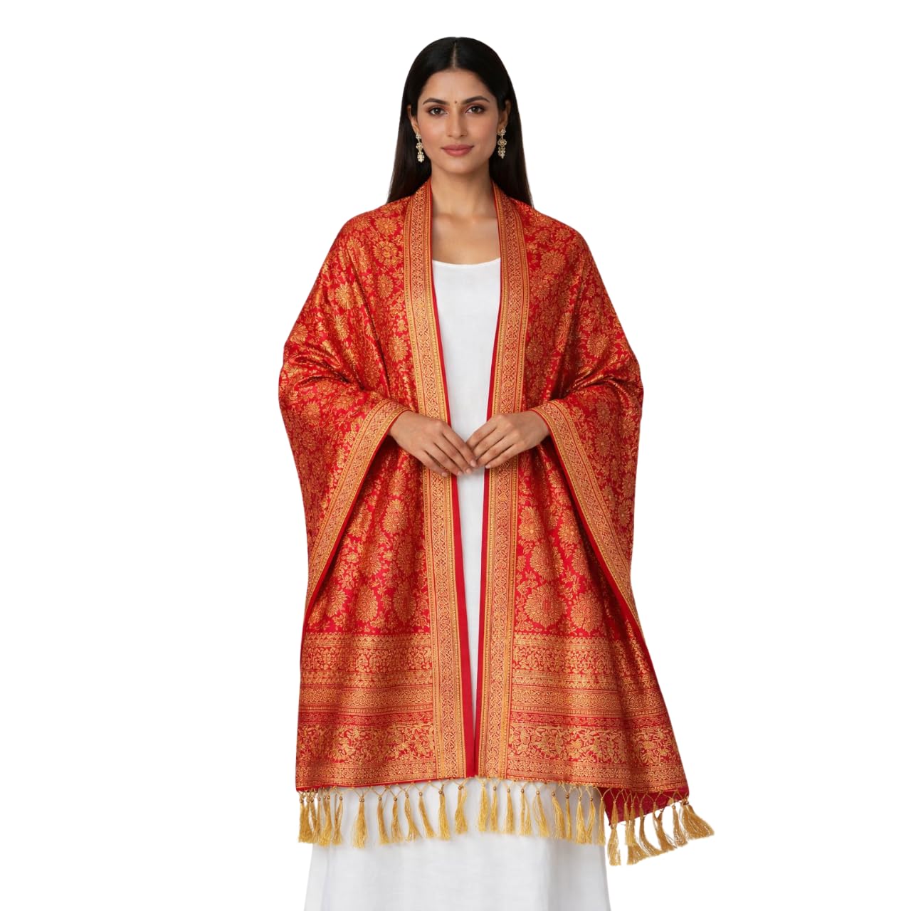 luxurion world Red Banarasi Silk Shawl for Women | Traditional Wedding Brocade Shawl with Heavy Gold Zari | Designer Bridal & Occasional Wear-picture-12