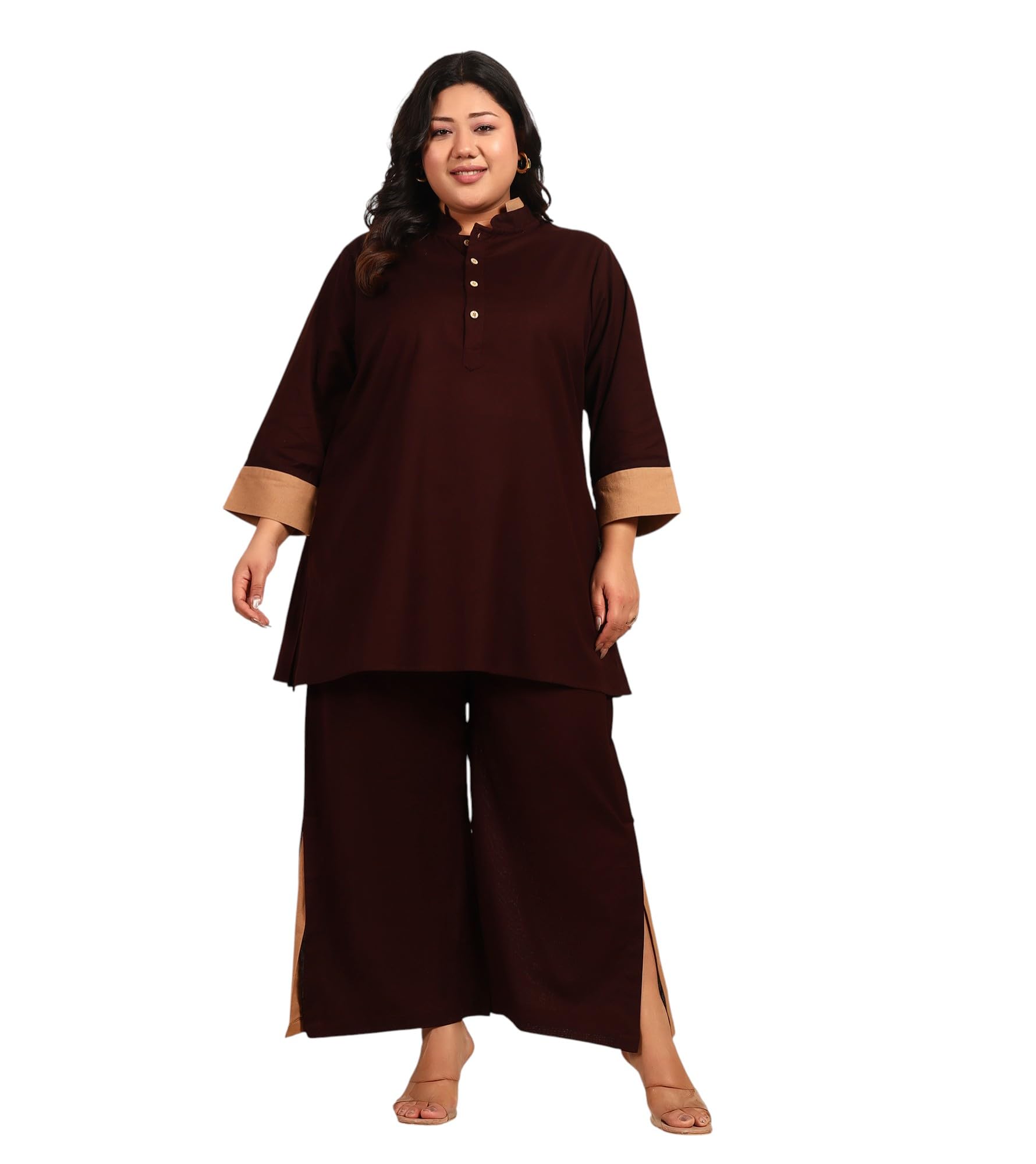 Women's Plus Size Solid Cotton Flex Kurta with Ankle Length Slit Pant Co-Ord Set|Cuff Sleeve|Mandarin Collar|Long Dresses for Woman Western New|Two Piece|Traditional Party Casual Wear