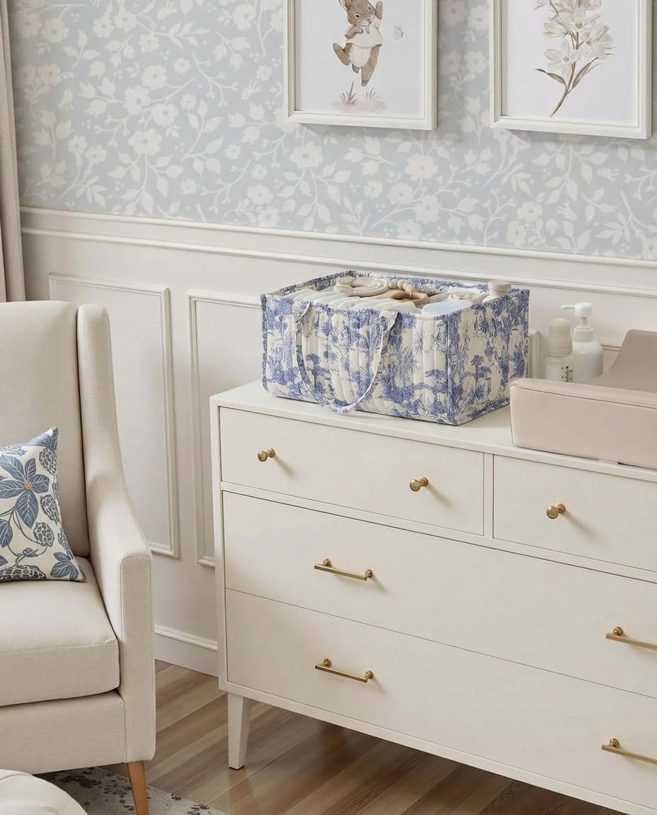 Starnearby Panier de Rangement Bébé en Tissu Matelassé, Panier à Couches pour Bébé à Motif Floral, Rangement pour Couche et Lingette, Organiseur de Couches pour Table à Langer, Voiture (Fleurs bleues)