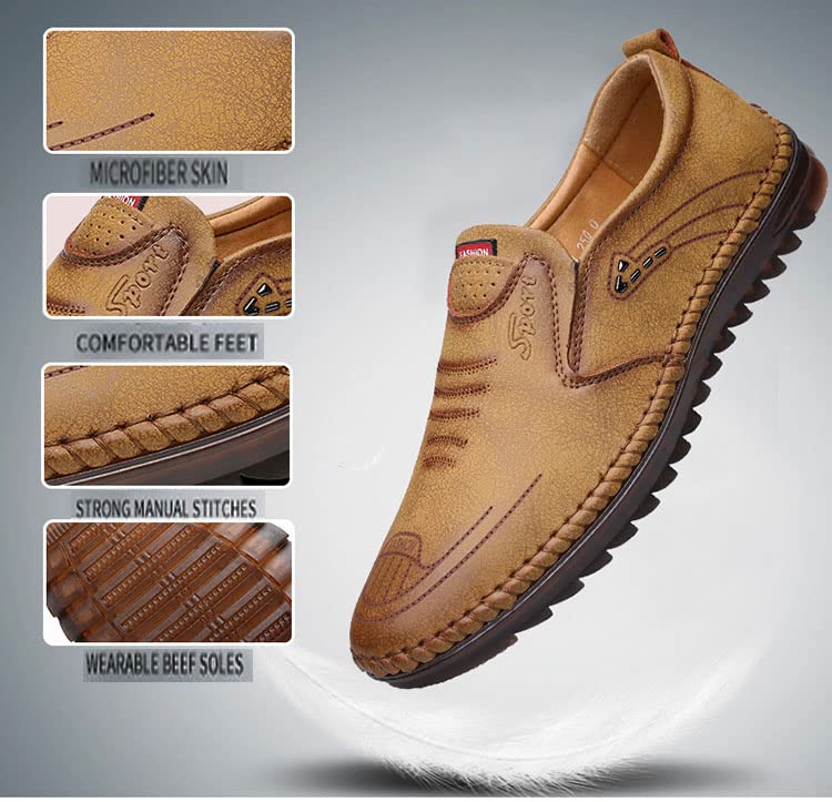 Hopomart Men's Casual Leather Fashion Slip-on Loafers Shoes Hand-Stitched Wear-Resistant Breathable Shoes Driving Shoes2