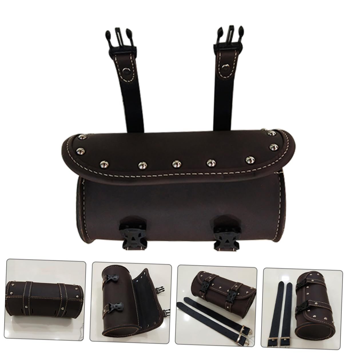 Borsa Porta Attrezzi per Moto in Pelle Pu Color Caffè, 2 Pezzi Scomparti Pratici e Design Ergonomico, Accessori per Moto per Viaggi e Manutenzione