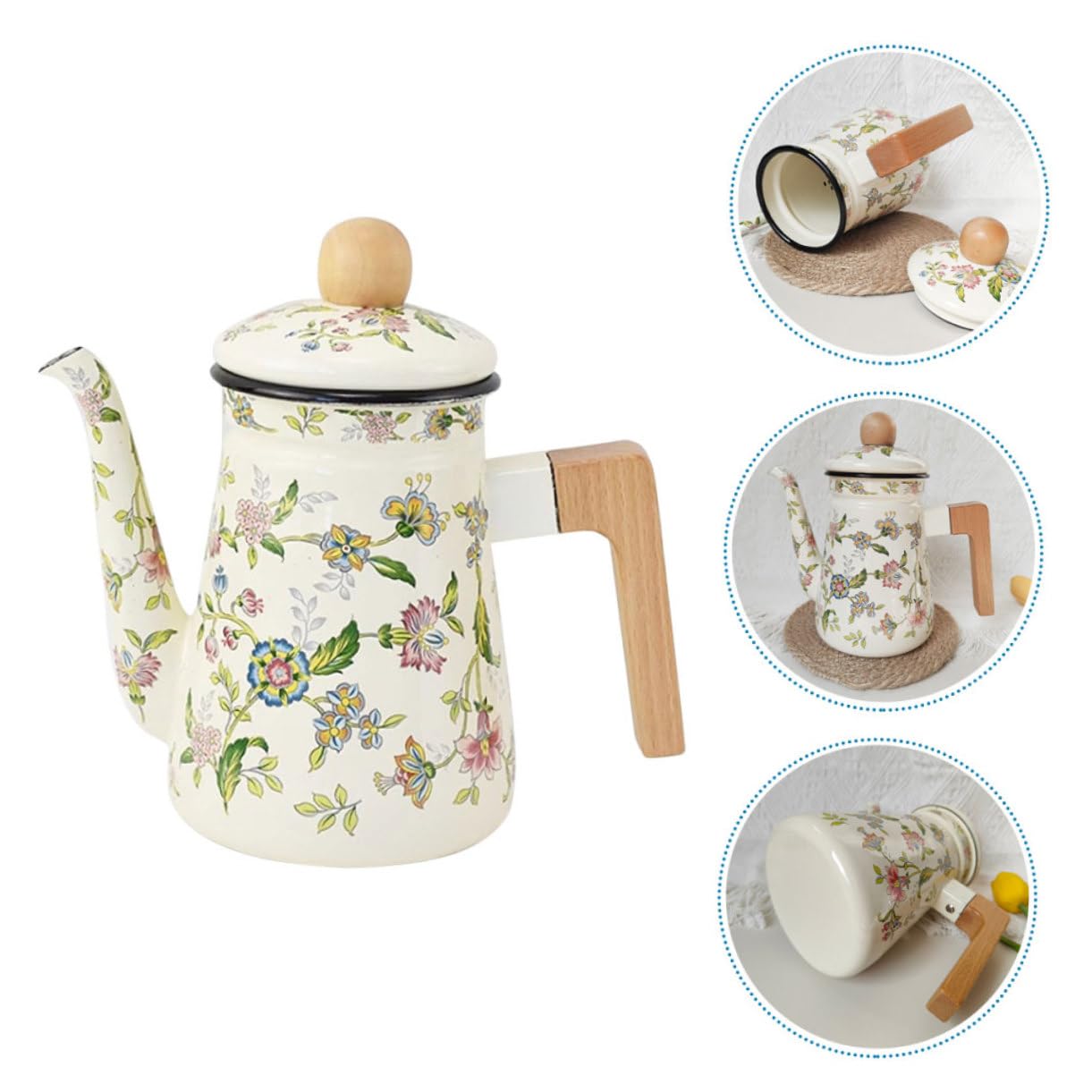 Mipcase Teiera Smaltata Vintage Manico in Legno 1,2L Bollitore per Tè e Caffè per Appassionati di Caffè e Tè