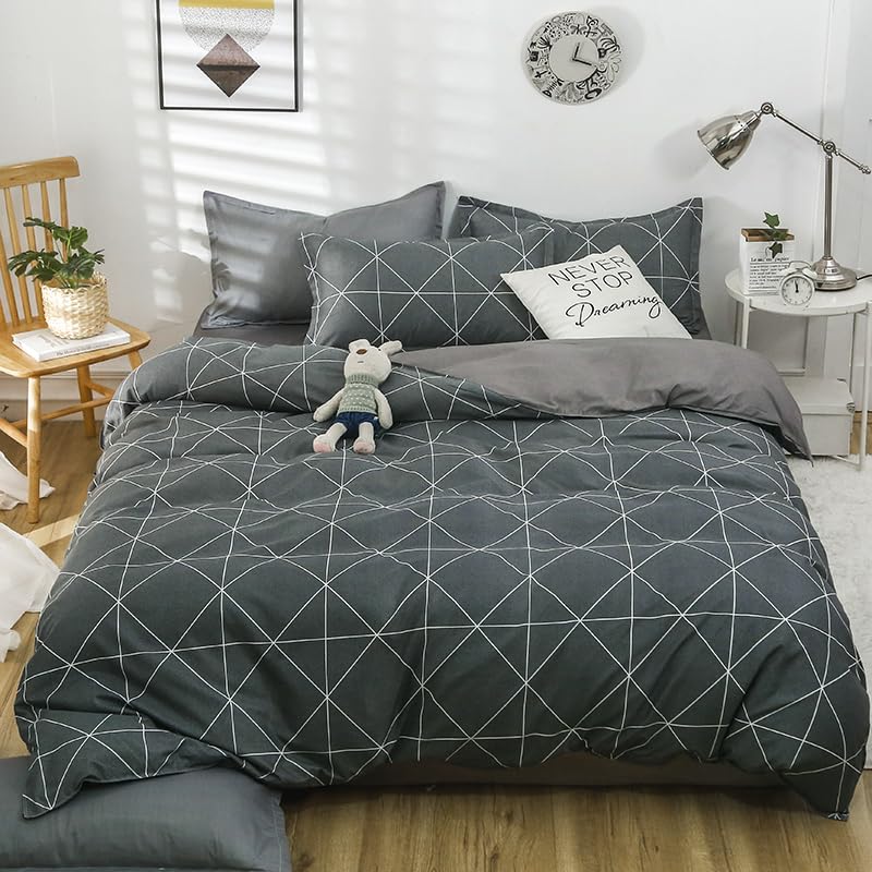 ED-Lumos Duvet Cover Sets Double Size Bedding Collections with Flat Sheets 2 Pillowcases Grey with Stripes 4 Pieces - Image 2