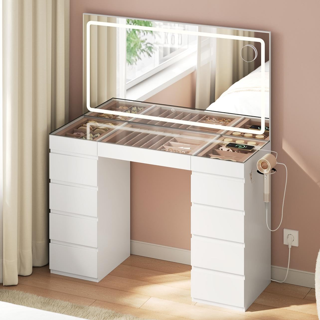 WOLTU Coiffeuse avec Grand Miroir LED, Plateau en Verre, Table de Maquillage avec 11 Tiroirs, Station de Charge, Compartiments à Bijoux & Support Sèche-Cheveux, Meuble Moderne pour Chambre, Blanc