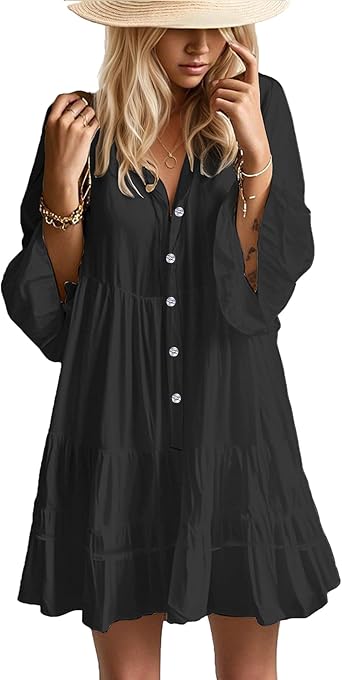 Opemiby Womens Summer Dresses 2026 Flowy Babydoll Boho Beach Mini Dress | Western Aztec Ruffle Bell 3/4 Sleeve Fall Spring V Neck Tiered Loose Fit Vacation Beach Cruise Daily Pure Black M