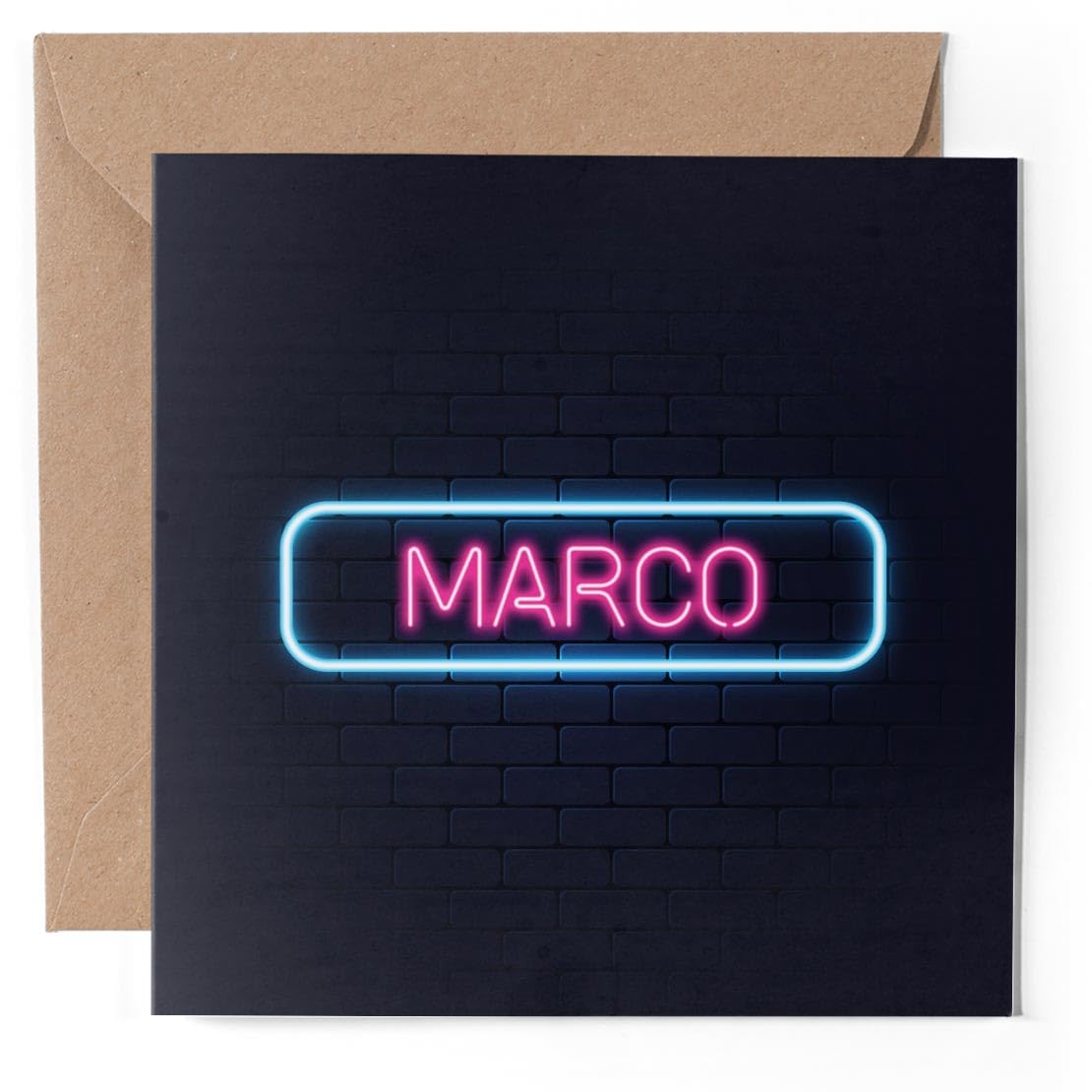 1 x Greeting Card - Neon Sign Design Marco Name - Blank Birthday Celebration Anniversary #352263