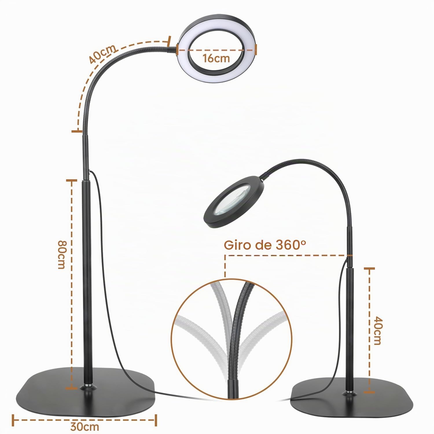 Lupa con Luz y Soporte de Aumento 5X 10X, Lampara Lupa de Piso Dimable con 36 LED, Lupas de Gran Aumento de 2 en 1 con Brazo Flexible Ajustable para Lectura, Costura, Manualidades