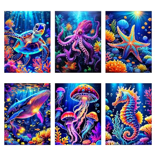 Kit peinture diamant créatures océaniques Lot de 6 toiles strass ronds bricolage facile