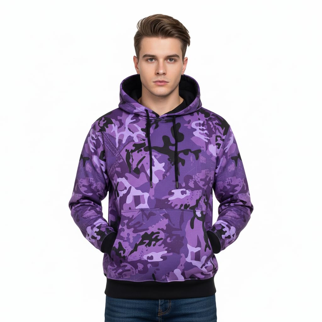 A2Z Mens Fleece Hoodie Pullover - Plain Sweatshirt Camo Purple 3XL