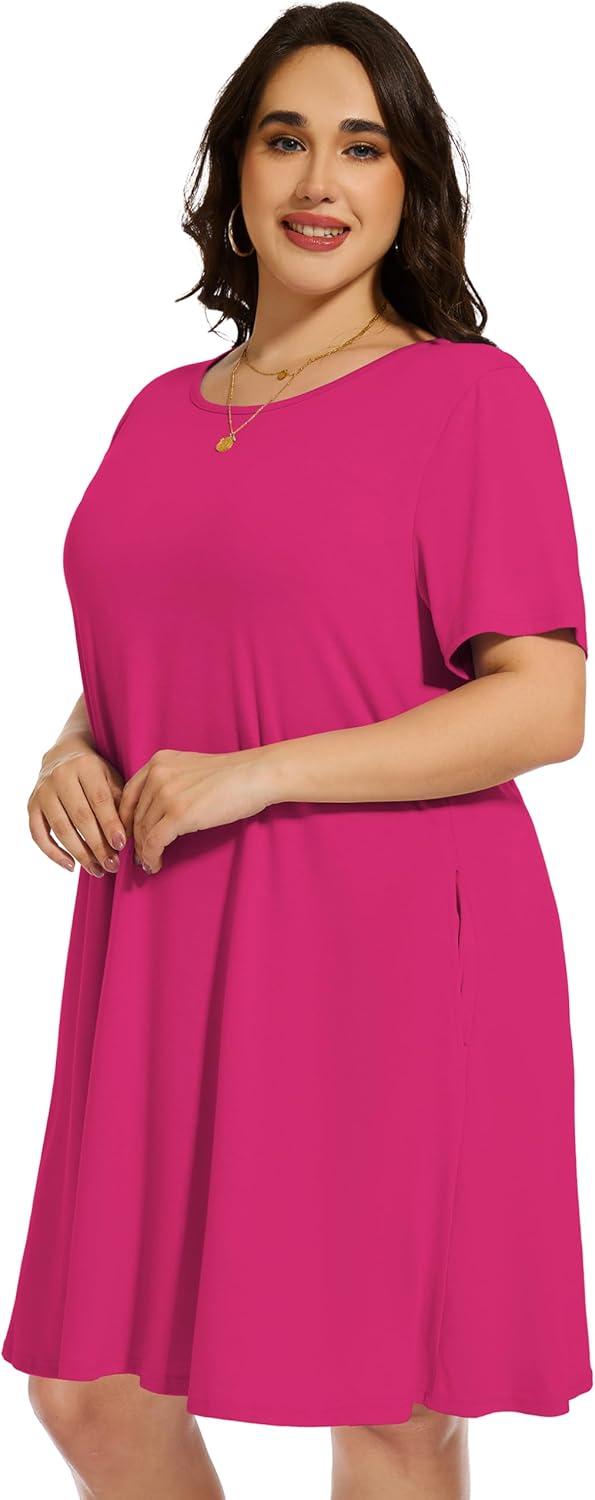 elescat Plus Size Summer Dresses for Women Casual Short Sleeve Pockets Loose Oversized T Shirt Sundress - Image 3